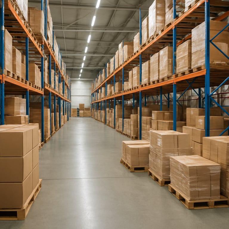 A clean and organized logistics warehouse representing wholesale trade activity, professional composition and bright lighting.