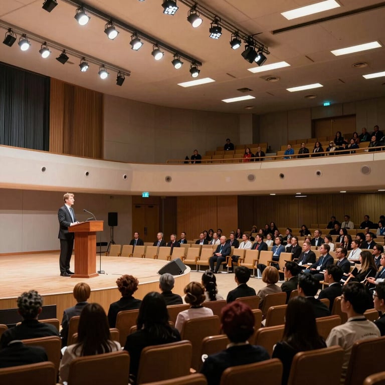 A professional cultural event or conference hall with organized seating and a speaker podium, high-quality lighting.