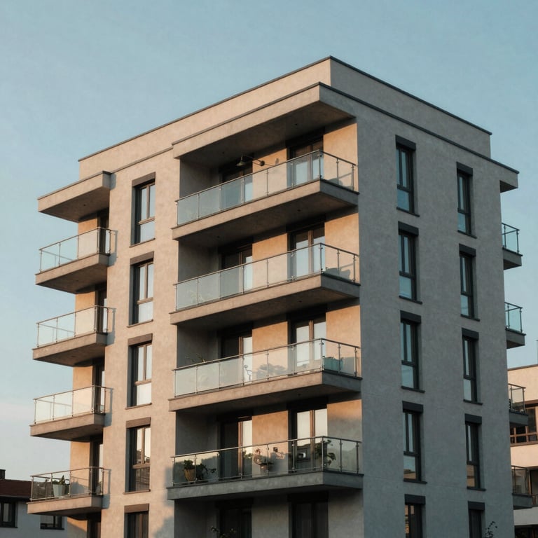 A modern residential building in a Slovak city, captured during the golden hour with soft sunlight on glass balconies.