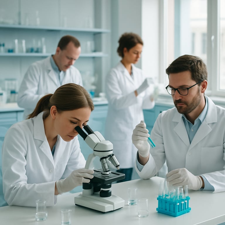 Researchers in white lab coats working in a bright, modern laboratory setting with light blue accents, Central European context.