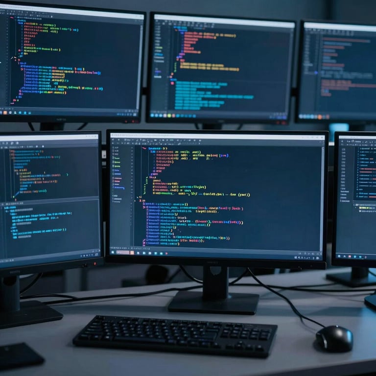 Photography of computer code and data streams on high-end monitors in a professional IT office, dark blue and steel blue tones.