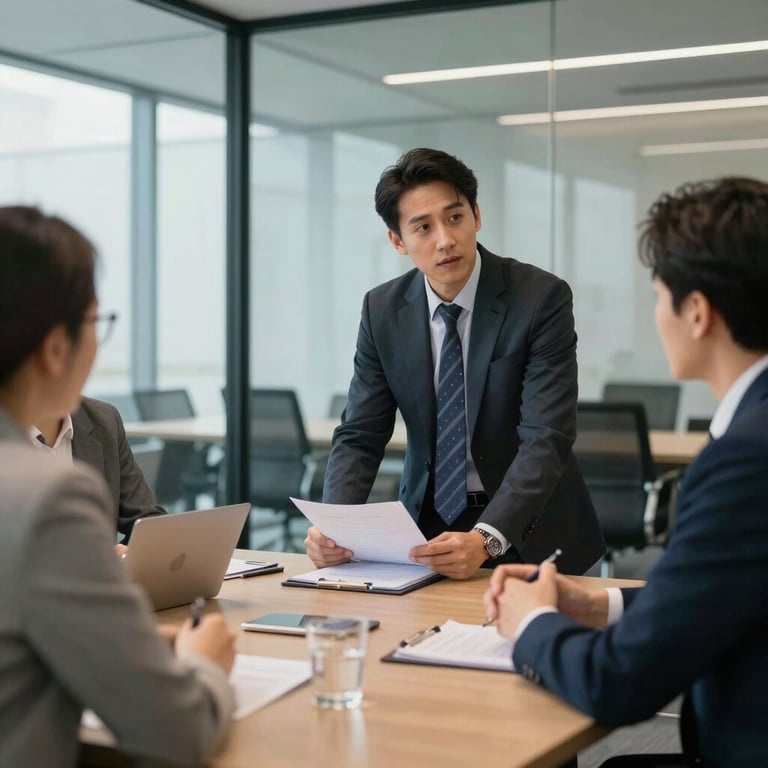 A business consultation with a financial expert in a modern glass-walled meeting room, professional and stable atmosphere.