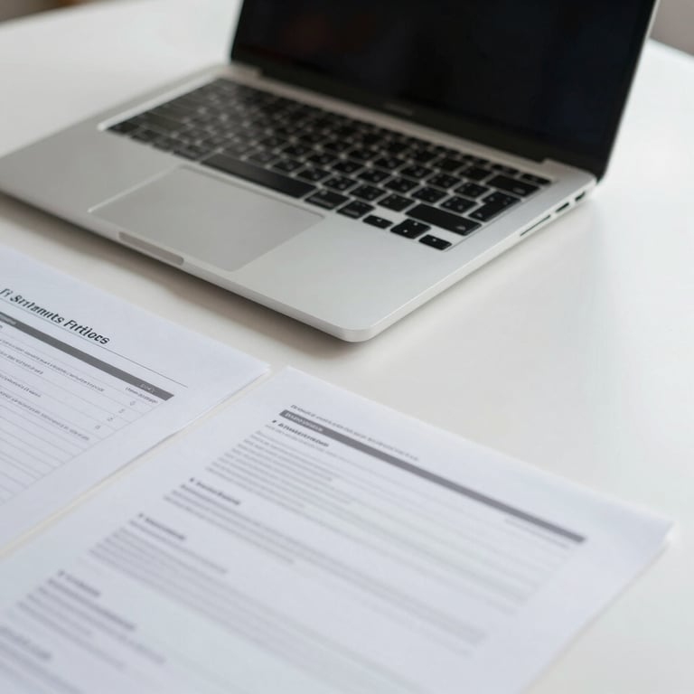 Close-up of a laptop and professional documents on a clean white desk, representing efficiency and clarity.