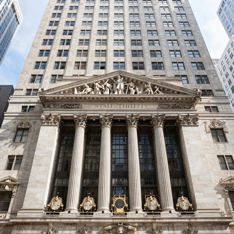 A bright and airy architectural view of a financial district building in the United States, representing stability.