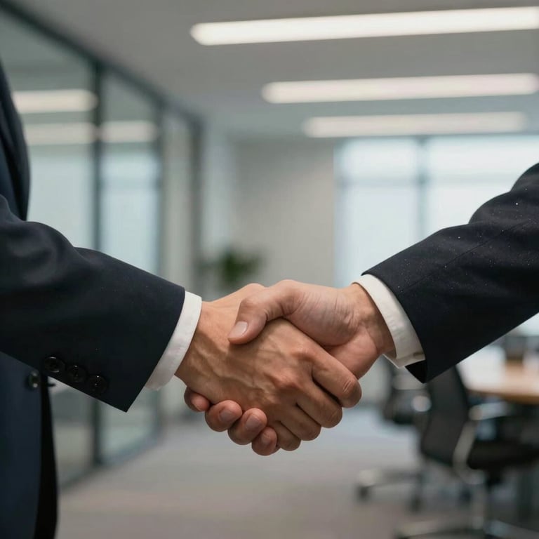 A handshake between two professionals in a modern Spokane office, conveying trust and partnership.