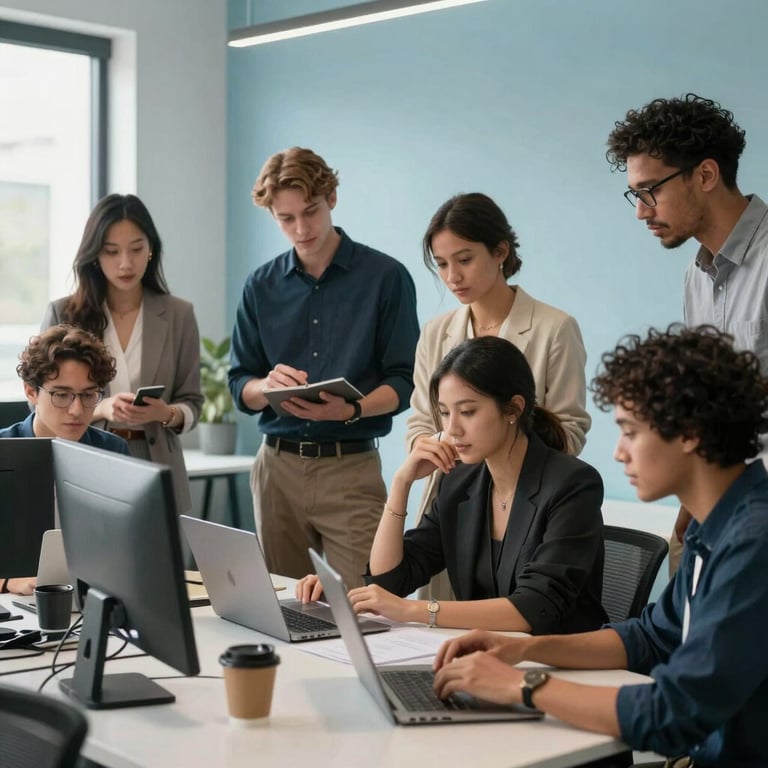 A group of diverse professionals working collaboratively in a modern workspace with light blue walls and natural lighting.