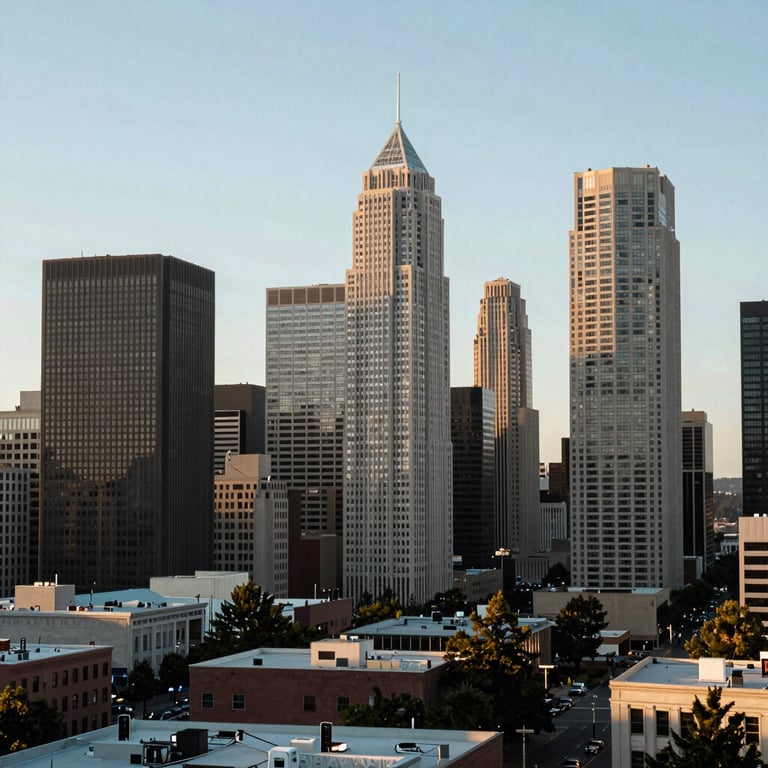 A wide shot of a modern North American cityscape in Washington state, emphasizing stability and urban growth.