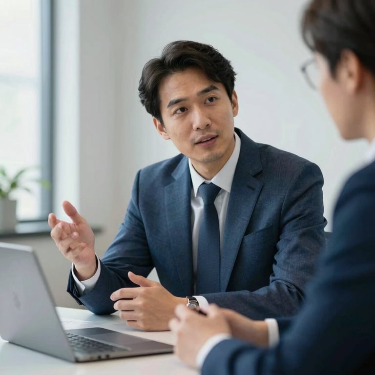 A professional consultant in business attire having a discussion in a light-filled office, featuring a medium blue color scheme.