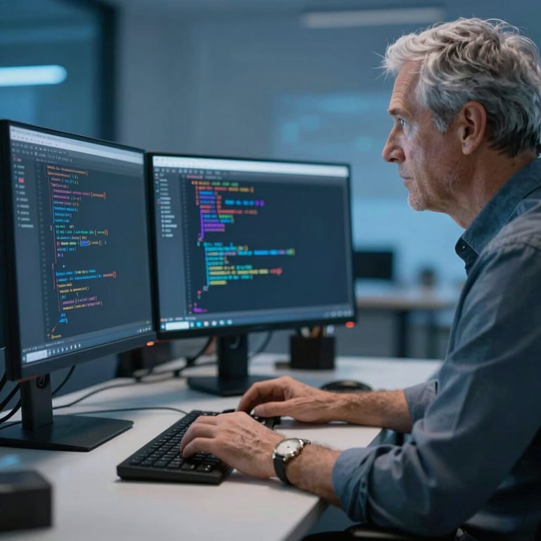 A senior web developer analyzing code on a dual-monitor setup, cool blue lighting, professional professional style.