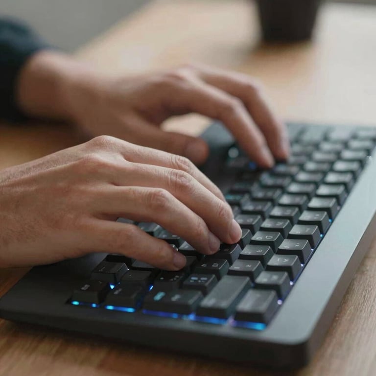 Close-up of hands typing on a mechanical keyboard with a subtle blue backlight in a modern tech office.