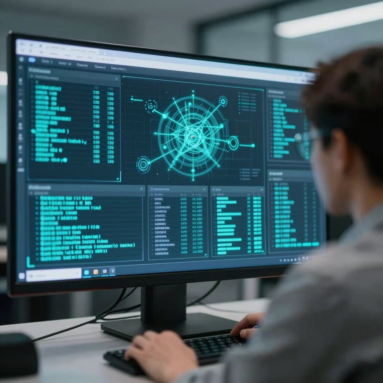 A cybersecurity expert monitoring network traffic on a large screen with glowing teal data visualizations.