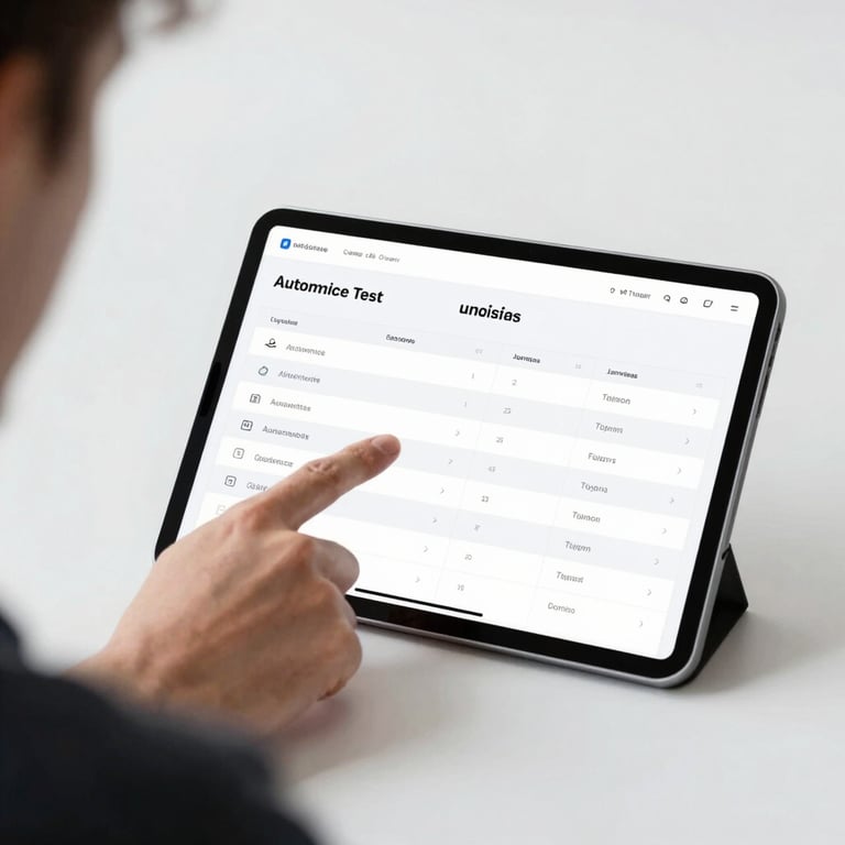 A QA engineer pointing at a tablet showing automated test results, minimalist and clean composition.