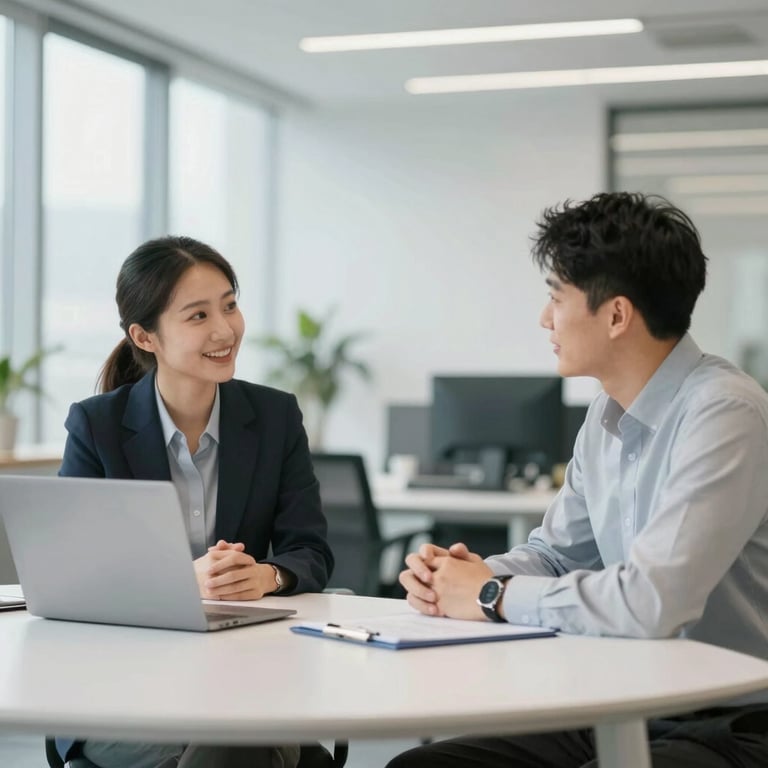 A collaborative meeting between two IT consultants in a bright, modern office with architectural lines.