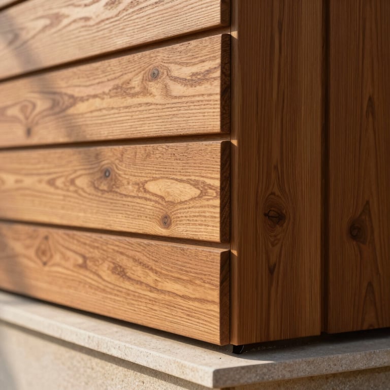 Extreme close-up of a teak timber cladding joint on a Sona Valley townhouse exterior wall, grain texture visible, warm afternoon sidelight casting fine shadow lines across the surface, stone sill below, no people
