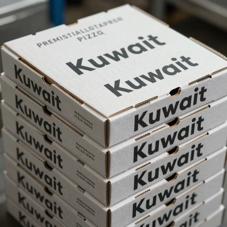 A stack of premium printed pizza boxes with sharp, clean typography in a factory setting in Kuwait.