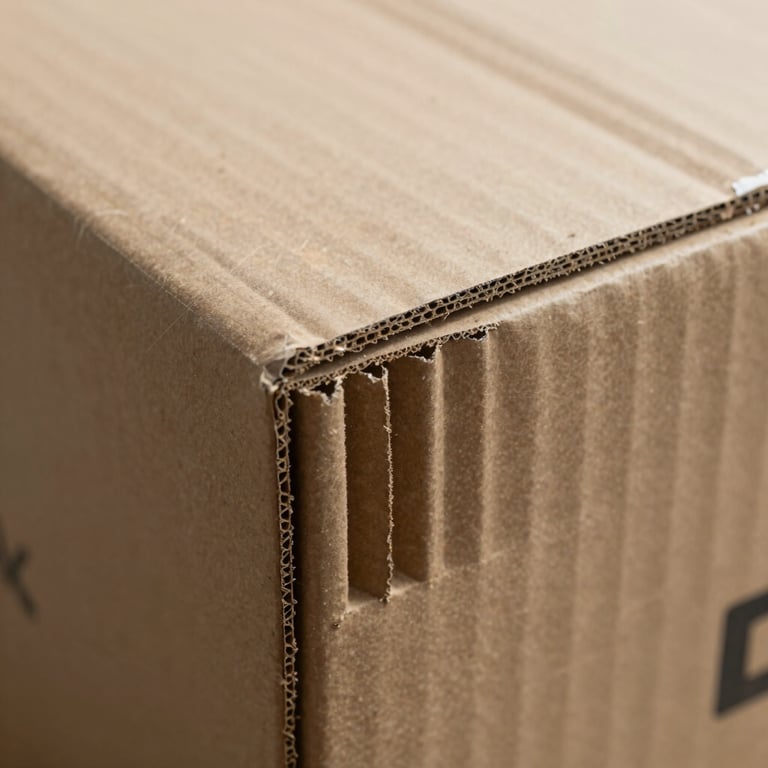 Extreme close-up of the corrugated texture and flute structure of a high-strength shipping box.