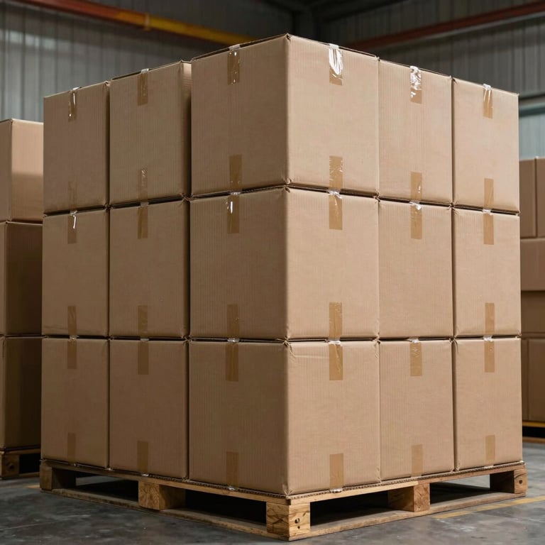 Industrial heavy-duty corrugated export boxes stacked in a brightly lit warehouse.