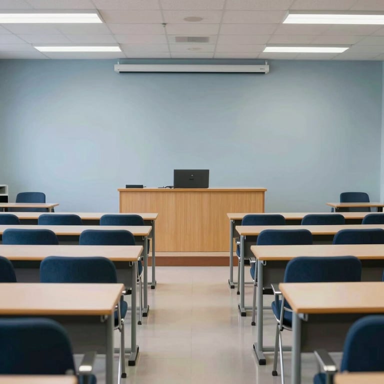 A bright and airy academic seminar room in a Southern European / Spanish university. Colors: mist grey-blue and dark charcoal blue.