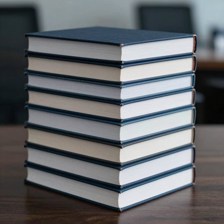A stack of hardcover books on data strategy in a professional Southern European / Spanish office. Colors: dark charcoal blue and mist grey-blue.