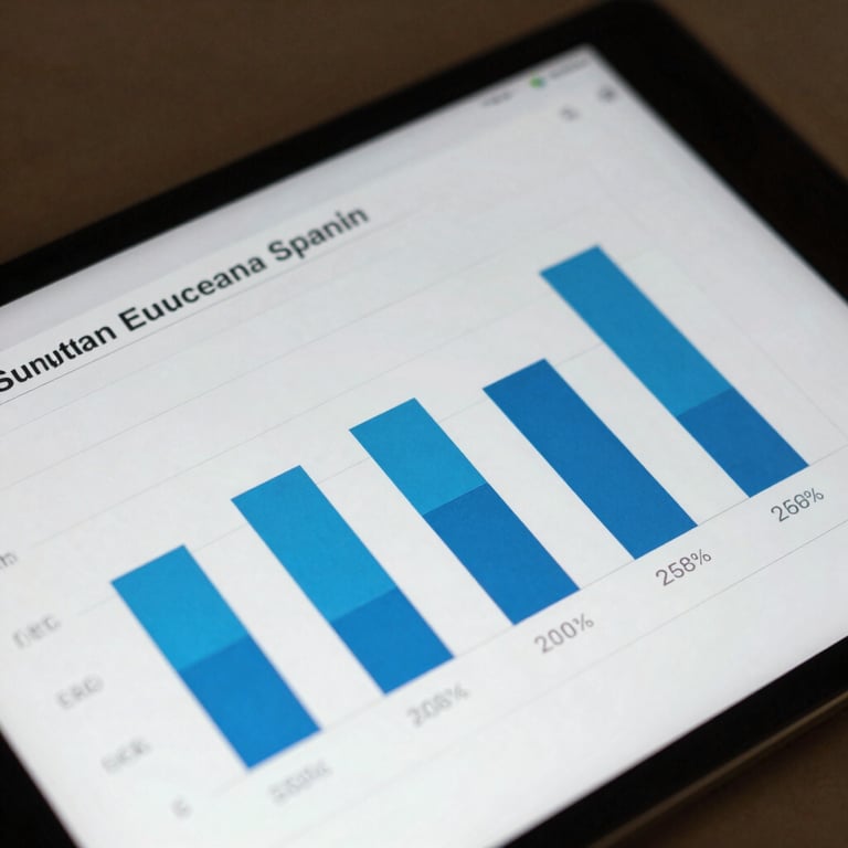 Close-up of a digital tablet showing clean data charts in a Southern European / Spanish business setting. Colors: sky blue and steel blue.
