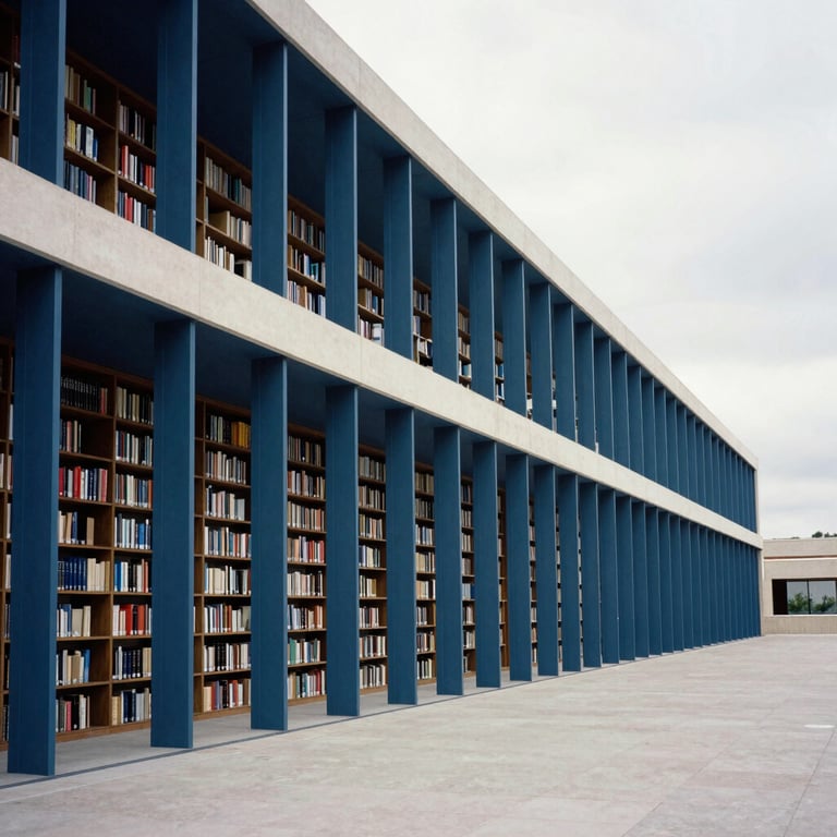 A wide-angle view of a modern library architecture in Spain with clean lines. Colors: steel blue and off-white.