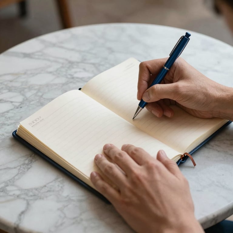 Hands of a professional writing in a leather notebook on a marble table in a Southern European / Spanish setting. Colors: off-white and steel blue.