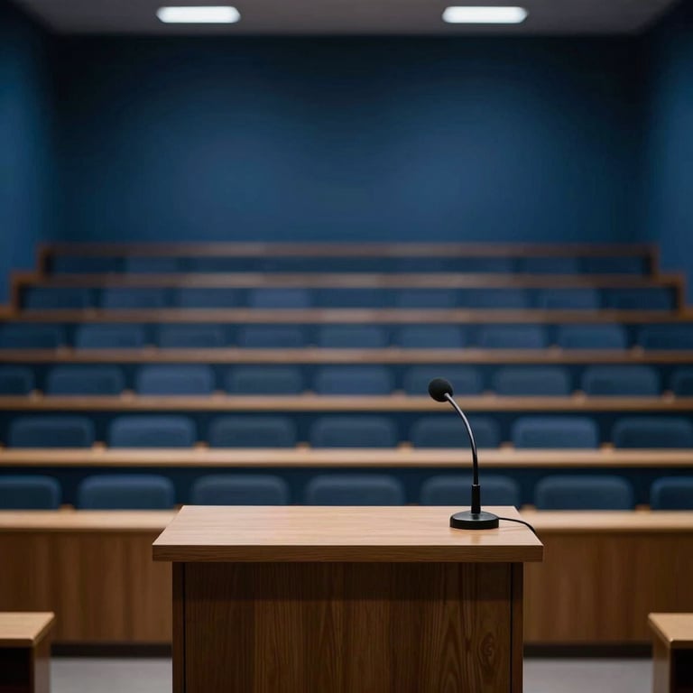 A blurred background of a lecture hall with a spotlight on a podium in a Southern European / Spanish college. Colors: dark charcoal blue and sky blue.