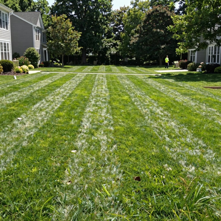 Wide portrait of a perfectly striped residential lawn in Southeast Michigan, bright morning sunlight, sharp focus, with a glimpse of a clean, uniform crew member in the background, 35mm.