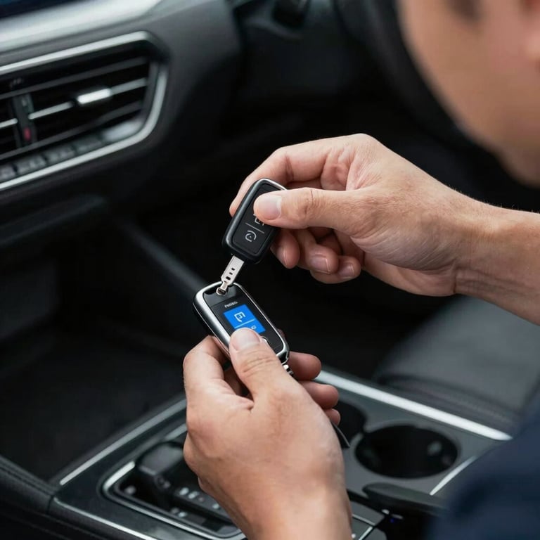 A professional technician using a digital device to program a modern automotive key inside a car.