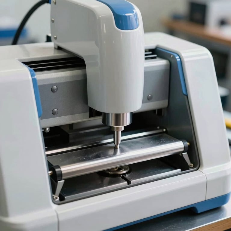 Detail shot of a modern key cutting machine in a professional workshop with blue accents.