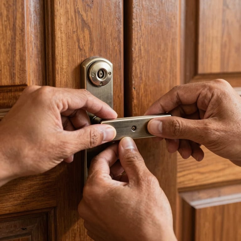 Macro shot of a locksmith's hands installing a high-security lock on a wooden residential door in Brazil.