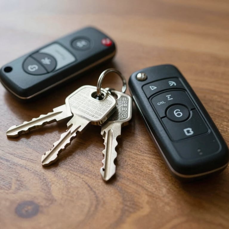 Close-up of several residential keys and a modern car remote on a wooden table, natural light.