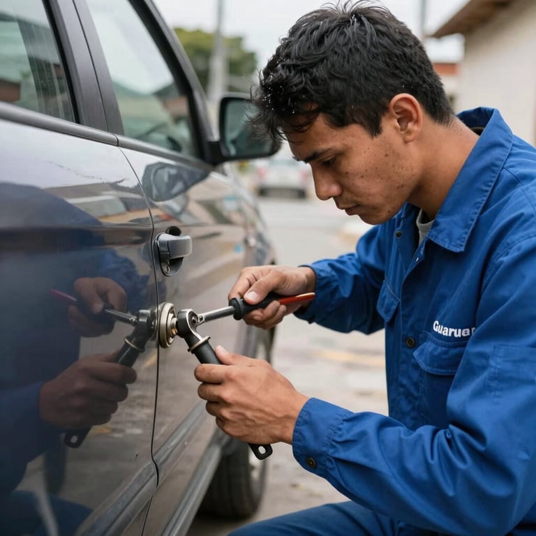 A locksmith in a blue uniform using specialized tools to unlock a vehicle door in a street in Guarulhos.