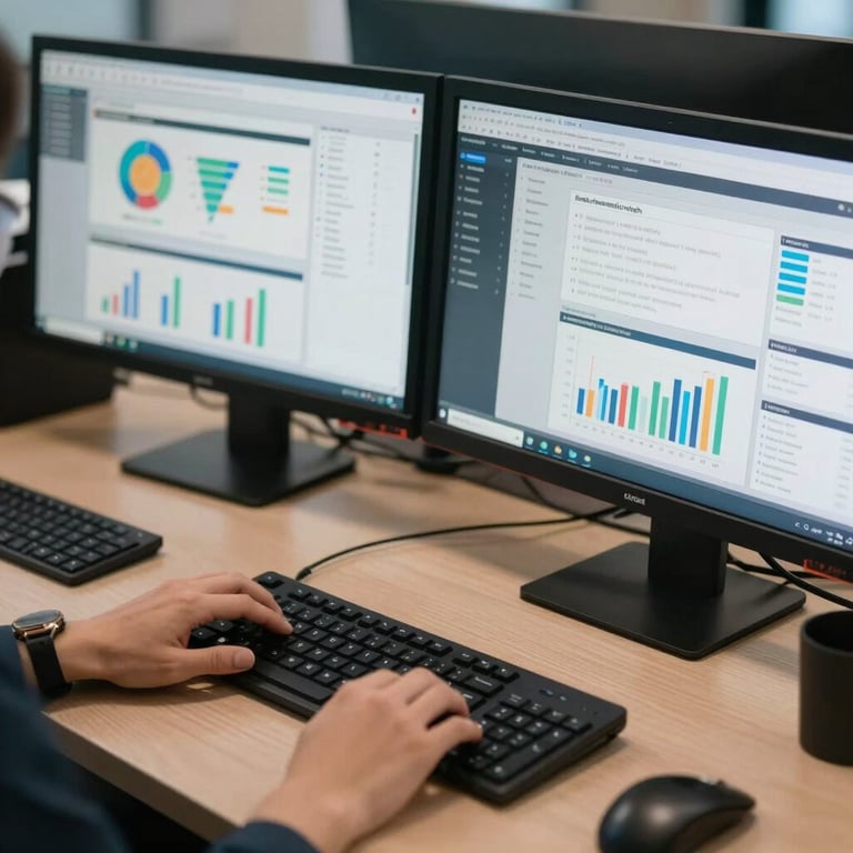 A digital workstation showing professional business analytics and online presence management tools on dual monitors.