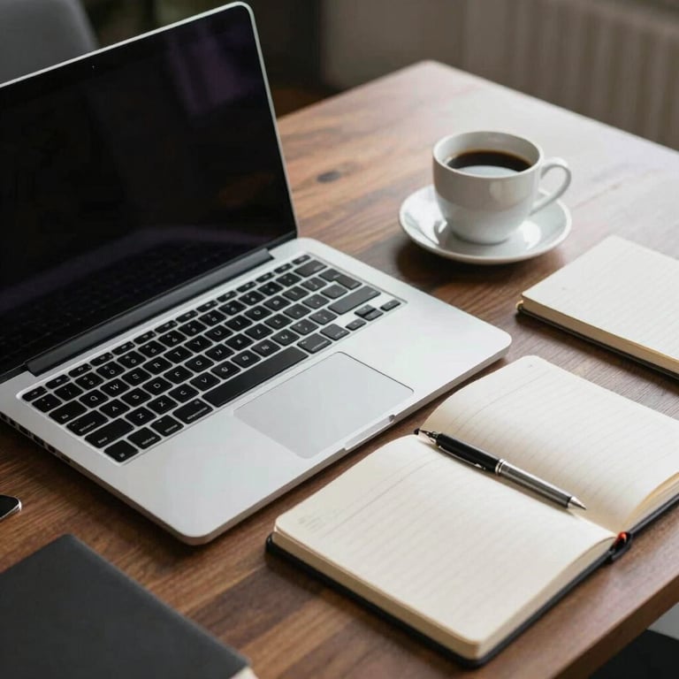 A sleek executive desk with a laptop, a notepad, and a coffee cup, representing a forward-thinking and organized workspace.