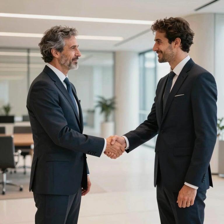 A professional handshake between two business partners in a modern office lobby in Lisbon, high-end corporate attire.