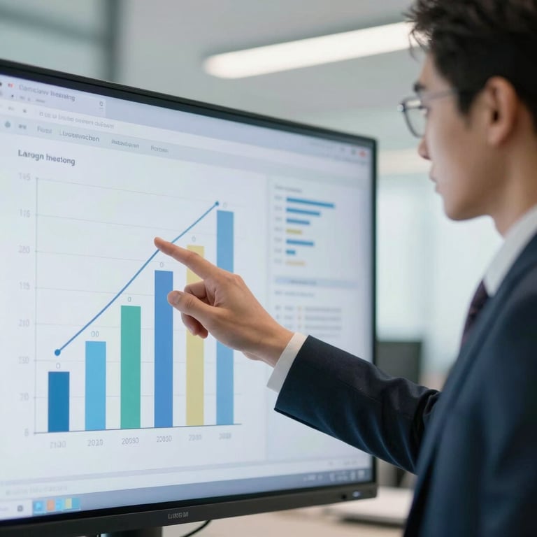 A close-up of a business consultant pointing at a growth chart on a screen in a bright office, professional lighting, modern style.