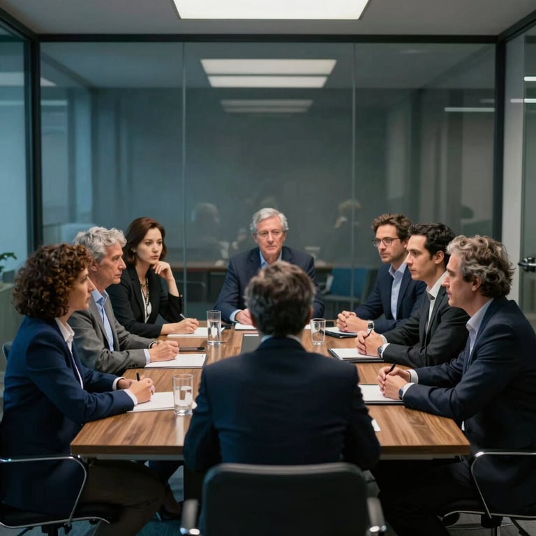 A group of professionals having a meeting in a glass-walled conference room in Porto, European Portuguese style, with dark blue and muted teal accents.