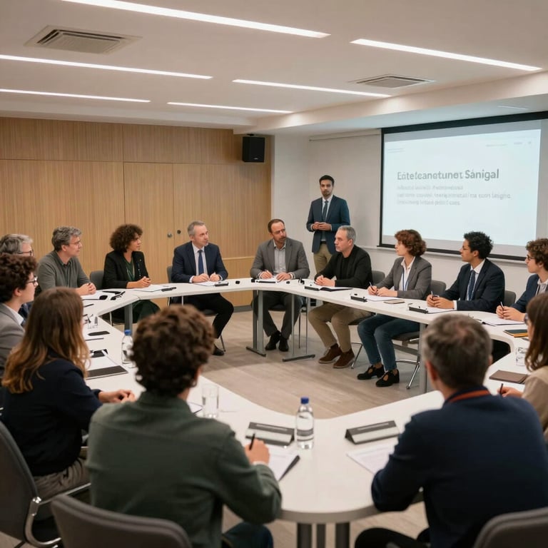 A lively group discussion during a sectoral debate in a brightly lit modern seminar hall in Portugal.