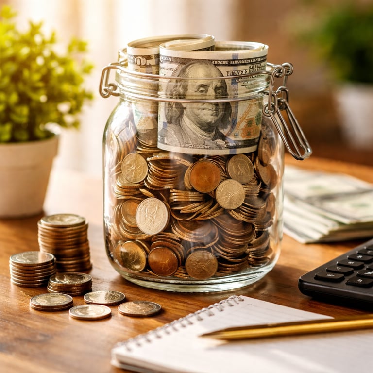 Glass savings jar filled with coins and rolled dollar bills on a desk for financial planning.