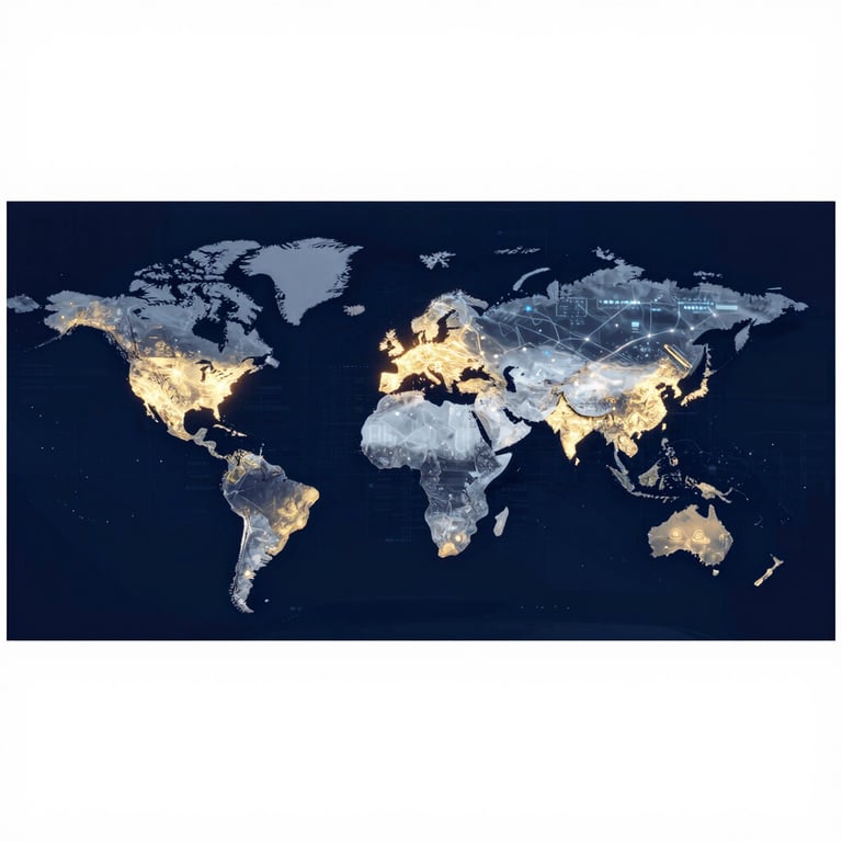 A glowing digital world map showing illuminated trade routes connecting continents, sophisticated tech aesthetic. Palette: #0A2342, #C9B07D.