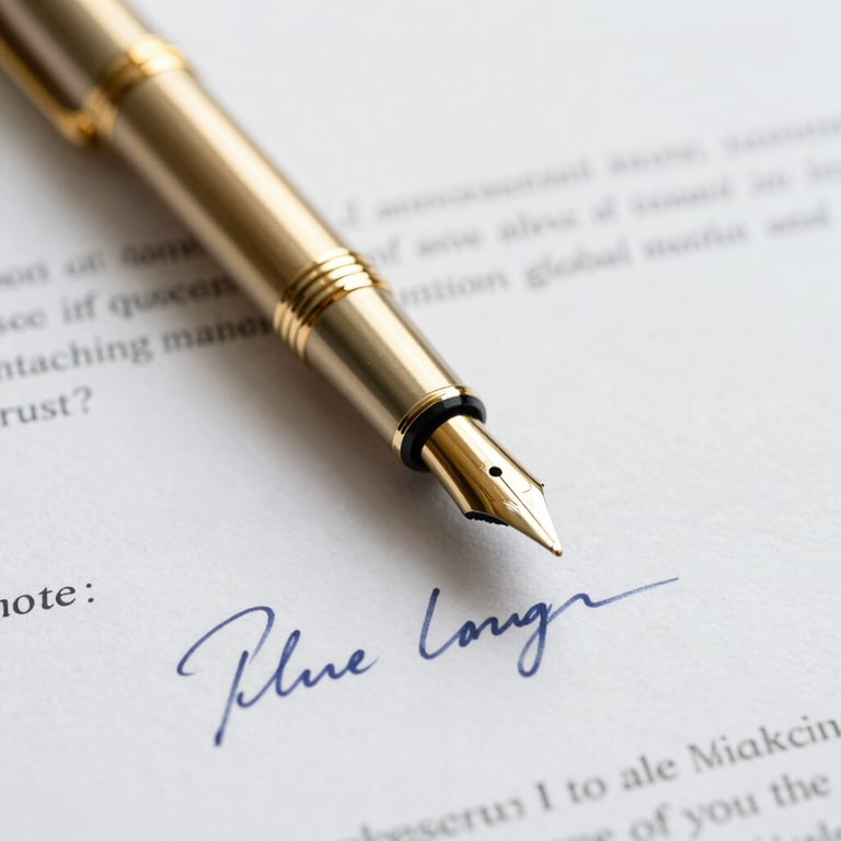 A premium gold fountain pen resting on a signed trade contract, symbolizing successful global matching and trust. Palette: #C9B07D, #0A2342.
