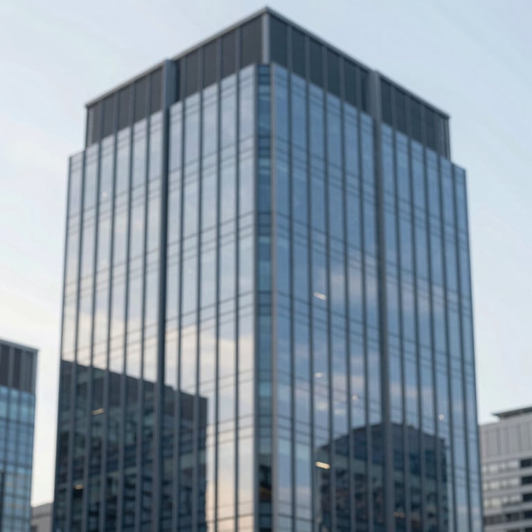 A modern architectural shot of a glass corporate headquarters reflecting the sky, representing stability and growth. Palette: #2C4F70, #F8F8F8.