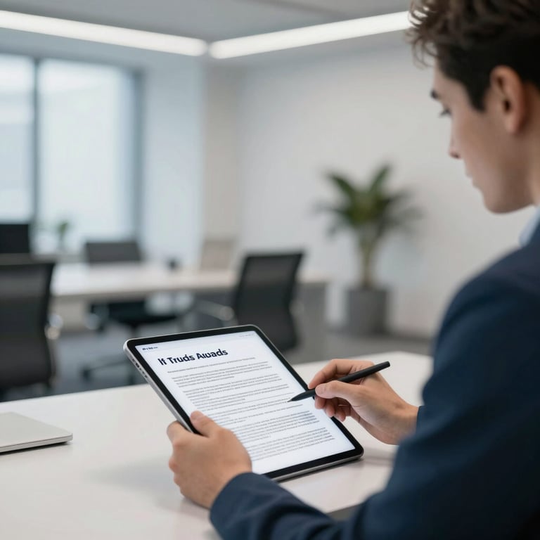 A sleek, minimalist business lounge where an entrepreneur reviews trade documents on a tablet, modern corporate setting. Palette: #F8F8F8, #2C4F70.