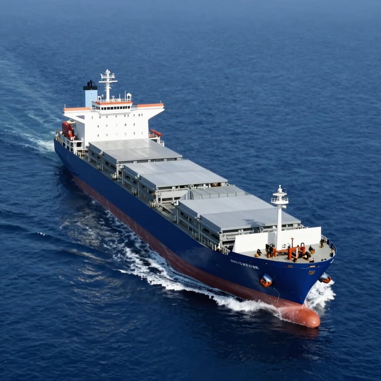 A large modern cargo ship navigating the deep blue ocean, aerial perspective, professional lighting, reflecting global trade efficiency. Palette: #0A2342, #F8F8F8.