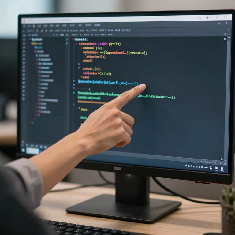 A person pointing at a computer screen showing clean lines of code in a professional North American / US tech environment.