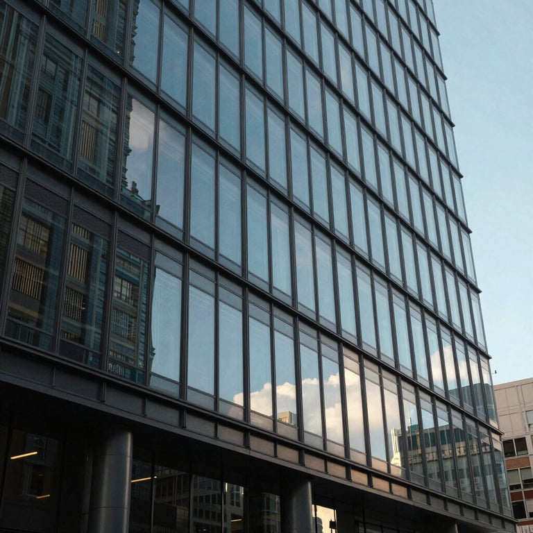 A modern office building with glass windows in a North American / US city, reflected against a slate blue sky.