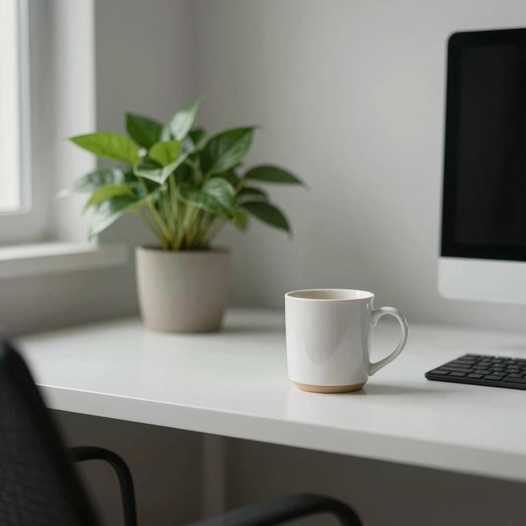 A clean, minimalist workspace with a green plant and a coffee mug in a North American / US home office setting.