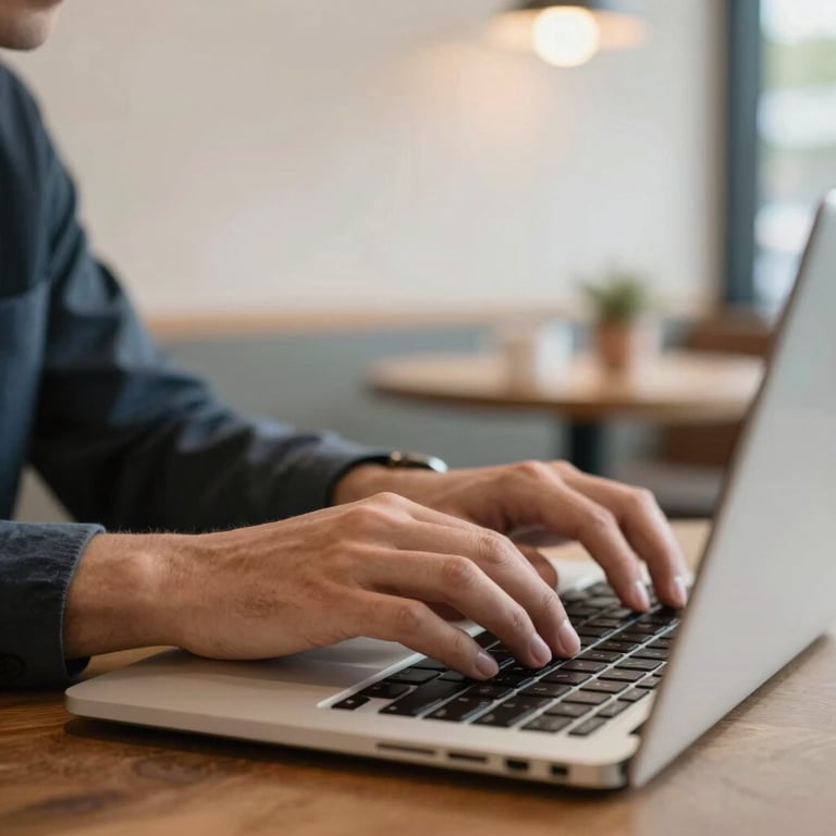 A close-up of hands typing on a laptop in a North American / US coffee shop, soft off-white environment with professional lighting.
