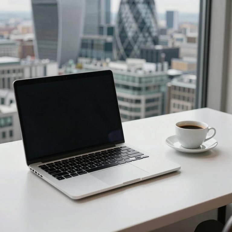 Minimalist composition of a premium laptop and a cup of coffee on a white desk overlooking a London cityscape.